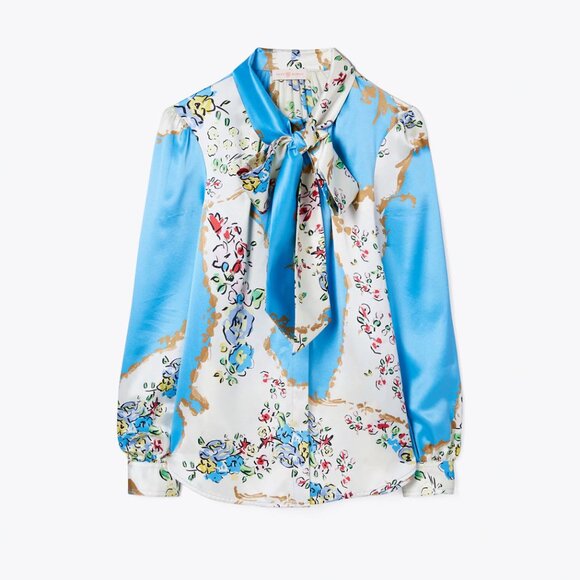 Tory Burch Tops - Tory Burch Printed Satin Bow Blouse Porcelain Floral Size 0 NEW NWT w/ flaws